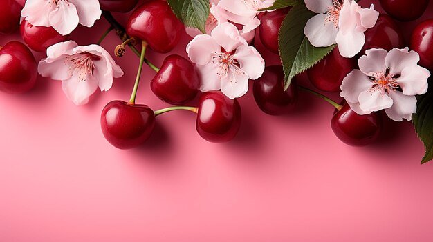 Photo red cherry with pink flowers