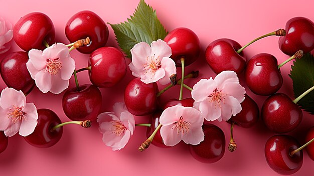 Photo red cherry with pink flowers