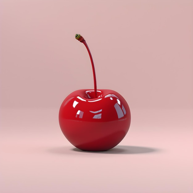 A red cherry with a stem and a red stem is against a pink background.