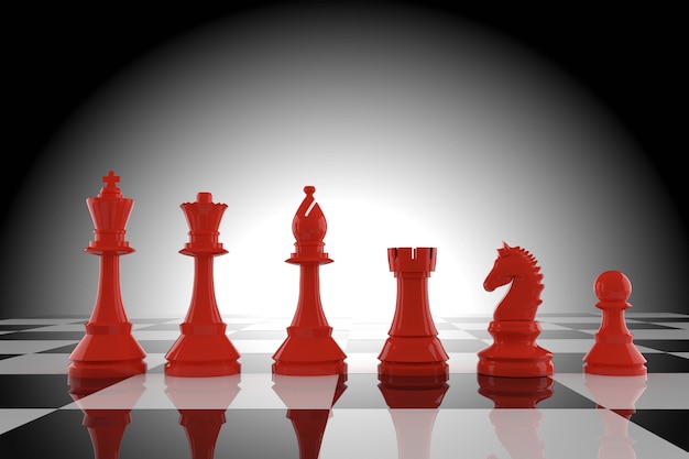 Red chess figures on board in 3d rendering