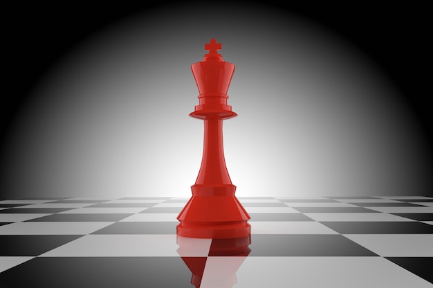 Red chess king on chessboard in 3D rendering