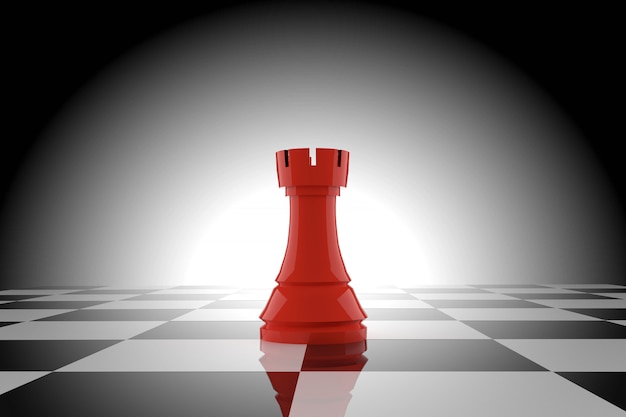 Red chess rook on chessboard in 3D rendering