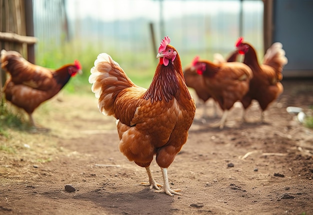 Red chicken walking in a paddock