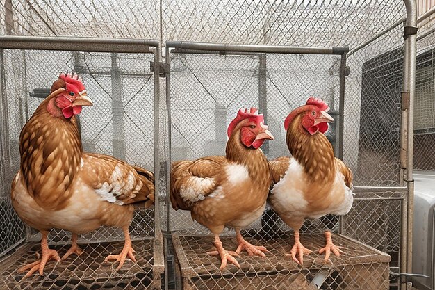 Red chickens on a farm in nature hens in a free range farm chickens walking in the farm yard