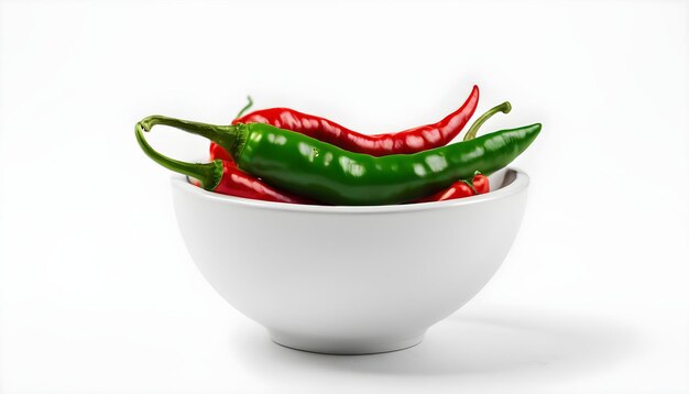 a red chili and green pepper in a white bowl