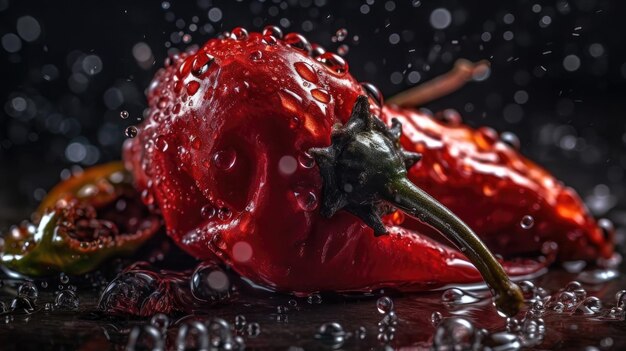 Foto peperoncino rosso colpito da spruzzi d'acqua con sfondo sfocato nero