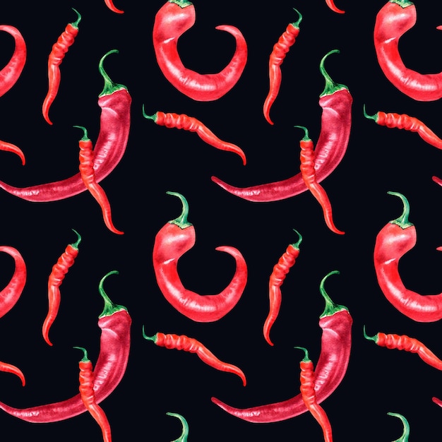 Red chili hot peppers watercolor seamless pattern isolated on black background