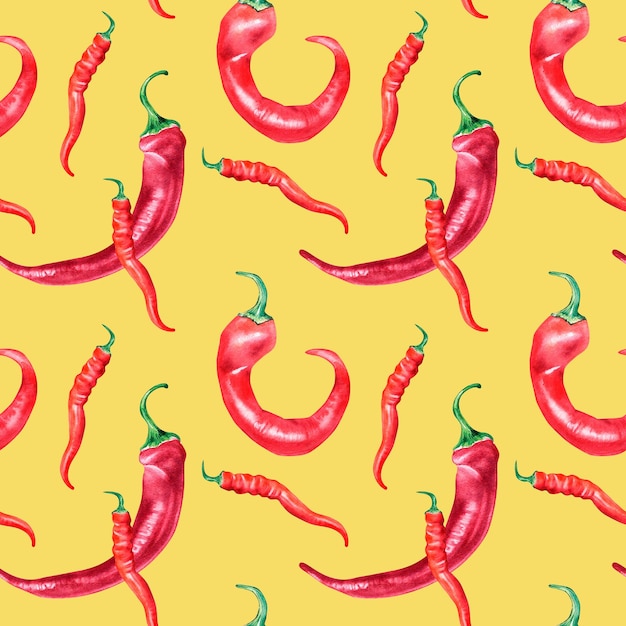 Photo red chili hot peppers watercolor seamless pattern isolated on yellow background