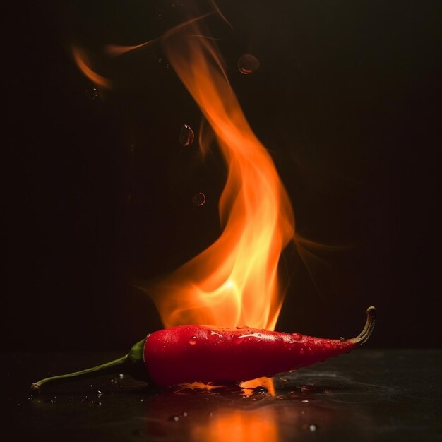 Photo red chili pepper closeup in a burning flame on a black