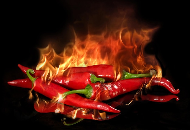 Photo red chili pepper on fire on a black background