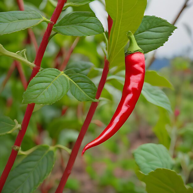 Photo a red chili pepper is growing in a field