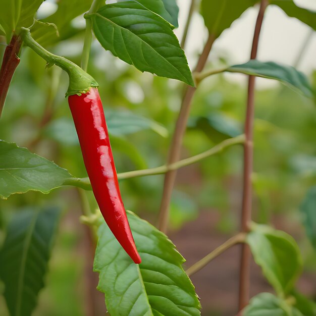 a red chili pepper is growing on a plant