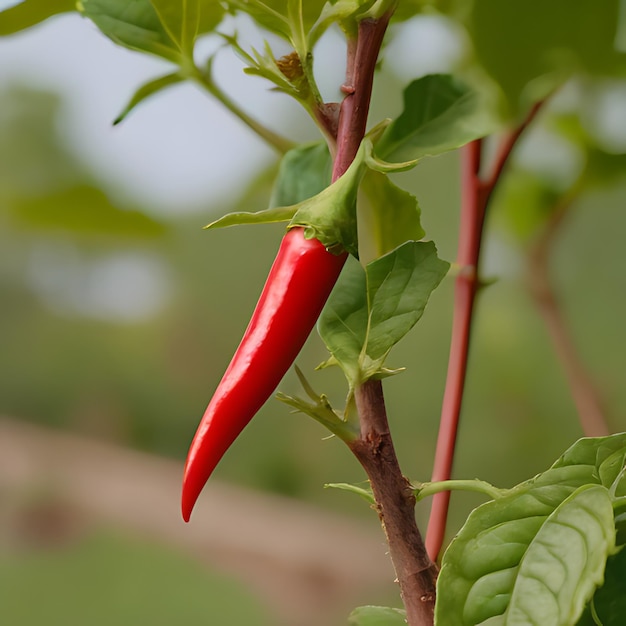 a red chili pepper is growing on a tree