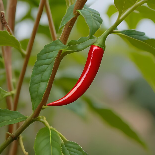 a red chili pepper is hanging from a plant