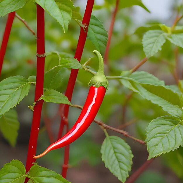 Photo a red chili pepper is hanging from a vine