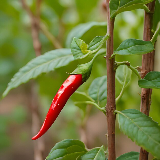 a red chili pepper is on a plant with other plants