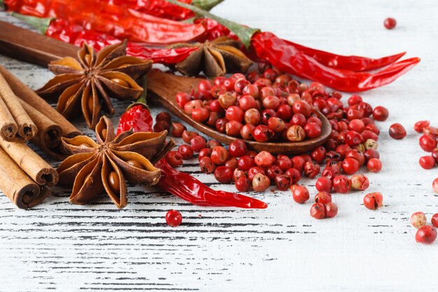 Red chili pepper and rose pepper on wooden background