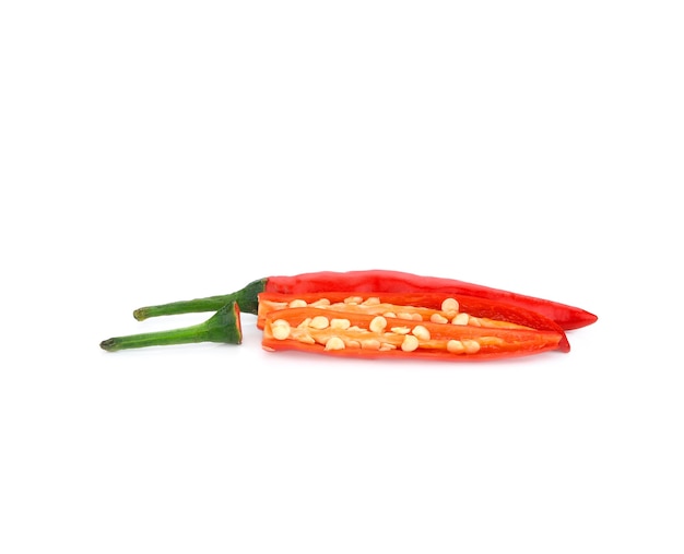 Red chili pepper slice of pieces elements isolated on white background.