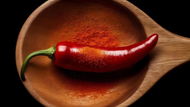 Red chili pepper with paprika in a wooden spoon