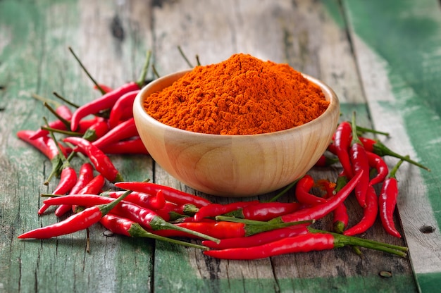 Red Chili pepper on wooden table