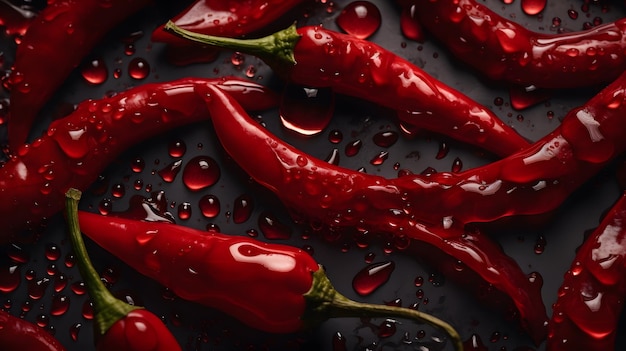 Red chili peppers on a black surface with water drops on them