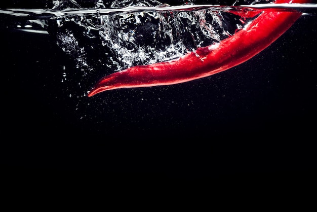 Red chili peppers falling into the water isolated