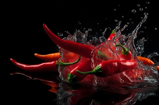 Red chili peppers falling into the water isolated