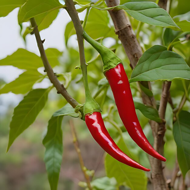 Photo a red chili peppers hanging from a tree