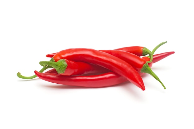 Red chili peppers isolated on white background. Creative spicy sharp. Flat lay, top view