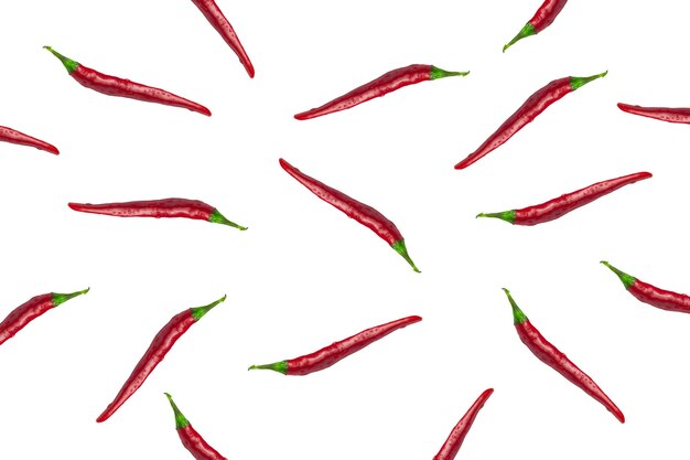 Red chili peppers on an isolated white background, peppers pattern