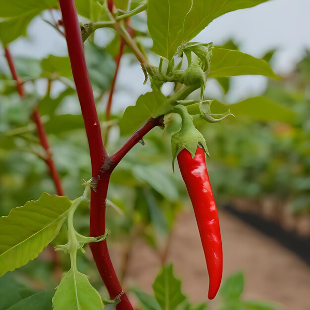 a red chili plant with a few green beans in it