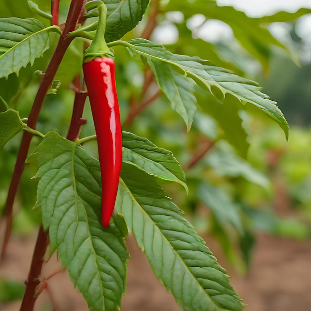 Photo a red chili plant with a few green leaves