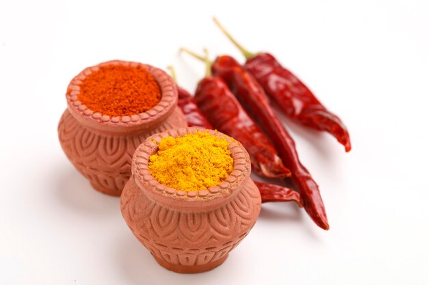 Red chili powder and turmeric powder in bowl