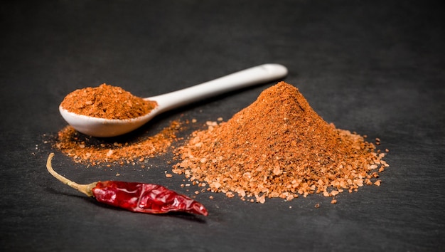 Red chili spices for recipes A spoon and a pile of hot powder pepper Ground spice