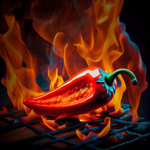 Red chili with burning fire flame on grill on black background Generative AI