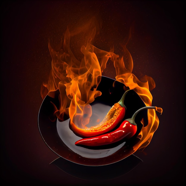 Red chili with burning fire flame in hot pan on black background Generative AI