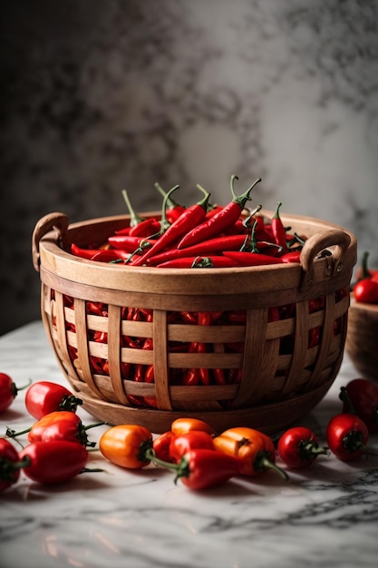 Red chili on wooden basket