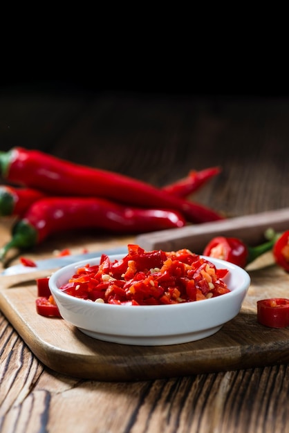 Red Chilis in a bowl cutted