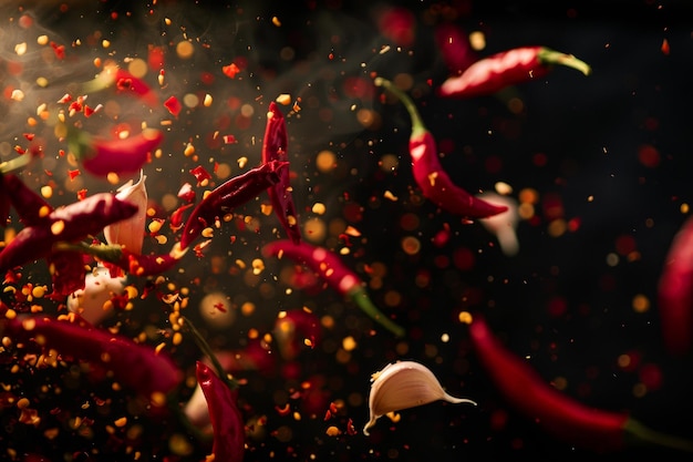 Photo red chilis and garlics flying in the air ai generated