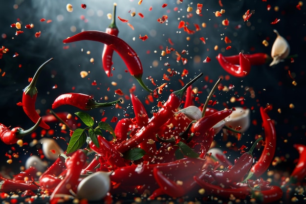 Red chilis and garlics flying in the air AI Generated