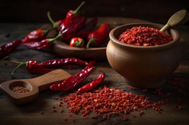 Red chilli in a bowl with a wooden spoon on the side