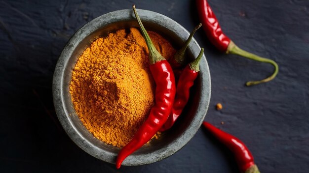 Photo red chilli or lal mirchi or mirch with powder in a bowl or mortar over moody background selective f