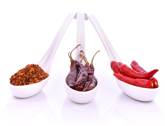 Red chilli pepper flakes with seeds in spoon on white background..