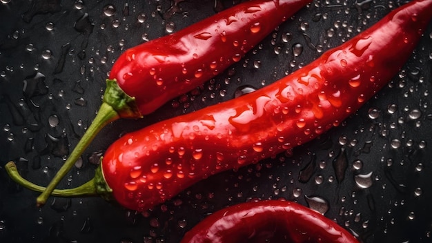 Red chilli peppers on a black surface