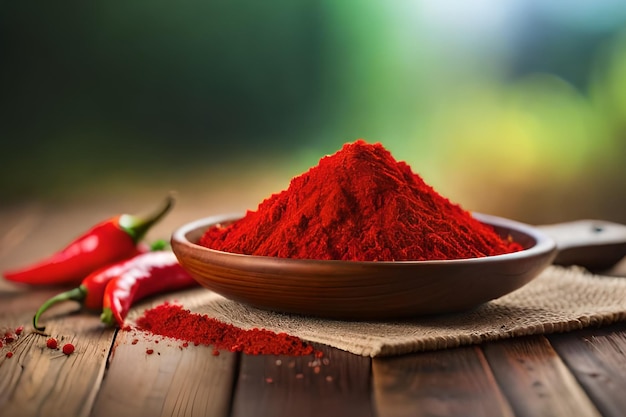 Red chilli powder in a bowl on a wooden table