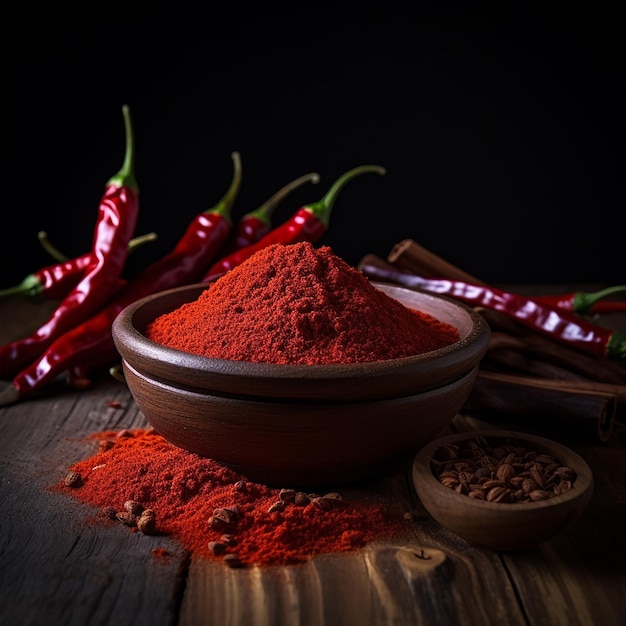 Red Chilly Powder in a bowl over moody and white background selective focus