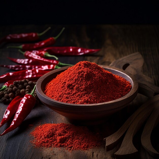 Red Chilly Powder in een kom over humeurige en witte achtergrond selectieve focus