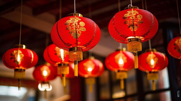 Red china lantern hanging on ceiling happy chinese new year