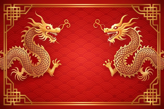 一隻紅色中國龍,紅色背景上有一隻金色龍
