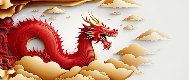 Photo red chinese dragon with paper clouds on yellow